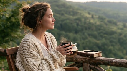 Fototapeta premium Woman in cozy sweater relaxing with coffee on a balcony with a mountain view