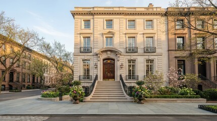 Naklejka premium Neoclassical townhouse with broad stairs and landscaped front garden