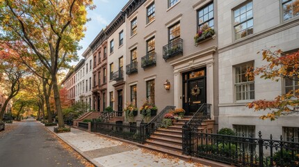 Fototapeta premium Autumn townhouse row with black doors and sidewalk trees