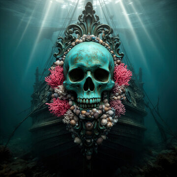 calavera, cr&aacute;neo, calavera marina, calavera pirata, calavera decorativa, escultura, escultura submarina, barco hundido, naufragio, barco antiguo, gale&oacute;n, oc&eacute;ano, mar, fondo marino, bajo el agua, mundo