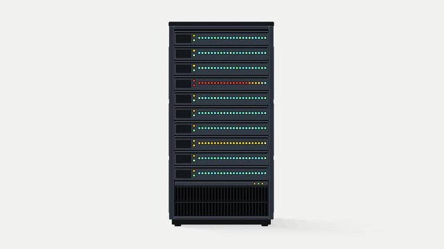 Data Center Server Rack with Blinking Status Lights and Red Alert