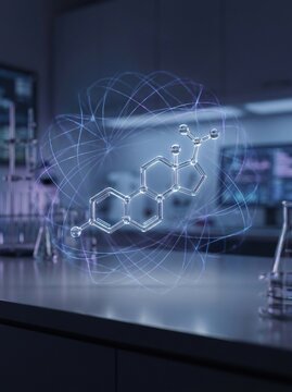 3D glowing molecular structure of pharmaceutical compound suspended over futuristic lab workspace