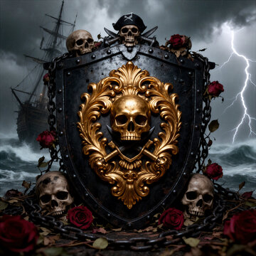 calavera, calaveras, escudo, escudo pirata, pirater&iacute;a, pirata, barco pirata, gale&oacute;n, barco antiguo, mar, oc&eacute;ano, tormenta, rel&aacute;mpagos, rayos, rosas, rosas rojas, rosa marchita, cadenas, cadena de hier