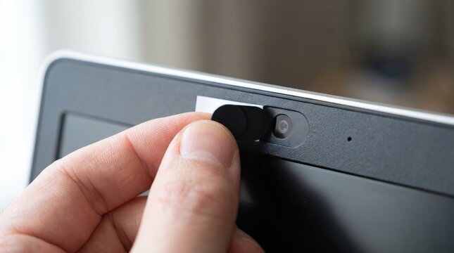 Hand removing camera cover from laptop