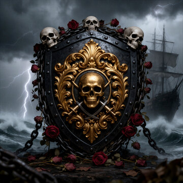calavera, calaveras, escudo, escudo pirata, pirater&iacute;a, pirata, barco pirata, gale&oacute;n, barco antiguo, mar, oc&eacute;ano, tormenta, rel&aacute;mpagos, rayos, rosas, rosas rojas, rosa marchita, cadenas, cadena de hier