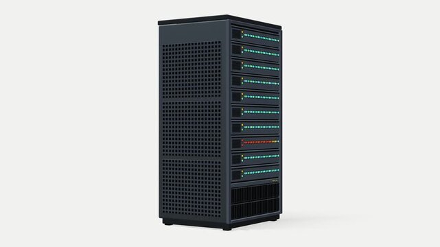 Data Center Server Rack Side View with Blinking LED Status Lights