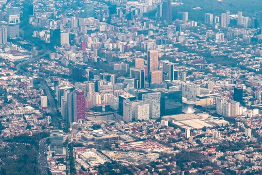 Mexico City, Mexico - January 22, 2024 - Aerial view of the Nuevo Polanco district skyline in Mexico City, including the Museo Soumaya and Museo Jumex at Plaza Carso, surrounded by high-rise towers