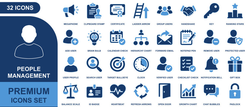 People management icon sheet with blue human resources and business symbols set for web and app blue icons
