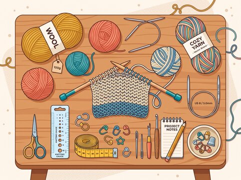 knitting tools and yarn on a wooden table