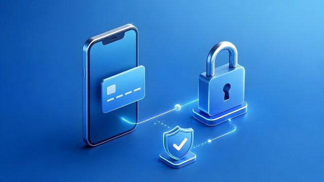 Minimalist 3D smartphone with credit card padlock and shield icons showing secure online payment processing and protected digital transactions