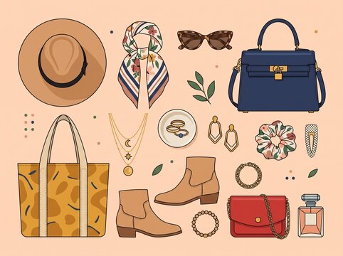 fashion accessories and clothing collection flat illustration