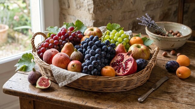 Fresh mixed fruits in wicker tray on rustic wooden table