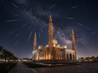 Grand mosque under starry night sky with meteor shower