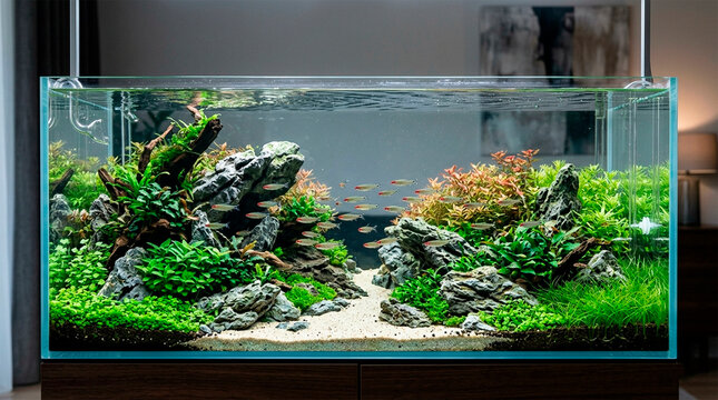 Lush aquatic landscape featuring schooling fish swimming between rocky formations, vibrant underwater flora, sandy substrate, glass tank environment.
