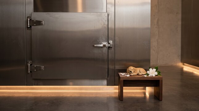 A serene memorial space for pet owners, featuring a puppy figurine and flower, near a modern animal cremation facility door. Highlighting compassionate aftercare services.
