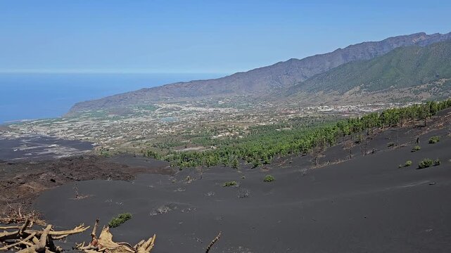 Tajogaite volcano ash landscape over Aridane Valley in La Palma