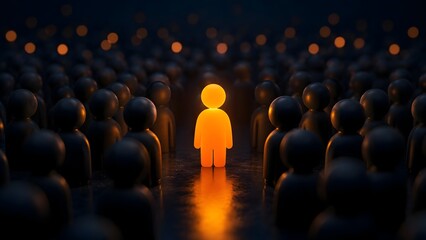 Obraz premium Glowing orange human figure standing out from a crowd of dark figures representing unique talent, leadership, and recruitment success
