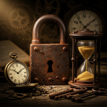 candado, candado antiguo, cerradura, llave, llaves, reloj de bolsillo, reloj, reloj antiguo, reloj de arena, tiempo, tiempo limitado, paso del tiempo, misterio, secreto, seguridad, protecci&oacute;n, prisi&oacute;n