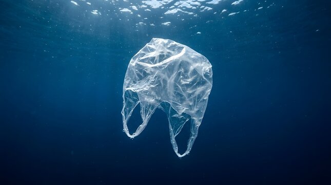 Transparent plastic shopping bag floating underwater in deep blue ocean water, environmental pollution concept, marine debris in the sea
