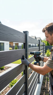 Caucasian man construction worker installing modern composite fence with electric drill. Professional contractor building privacy barrier at backyard. Home improvement and renovation concept.