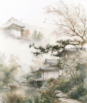 Traditional wooden pavilions surrounded by mist, mountains and blooming trees