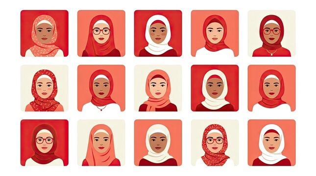 Collection of diverse women in red hijabs and outfits.