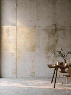 Minimalist concrete panel wall behind a dining table with brass accents