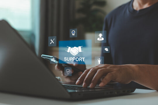 Customer support concept showing a person using a laptop and smartphone with digital service icons, representing technical assistance, communication, business help, customer care, and online support.