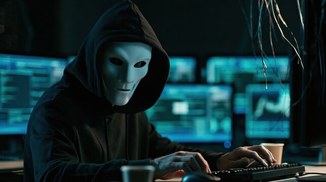 Hacker in a mask typing code on a computer screen for digital cybercrime security