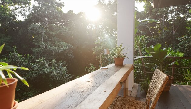 Peaceful outdoor workspace overlooking lush tropical jungle at sunset
