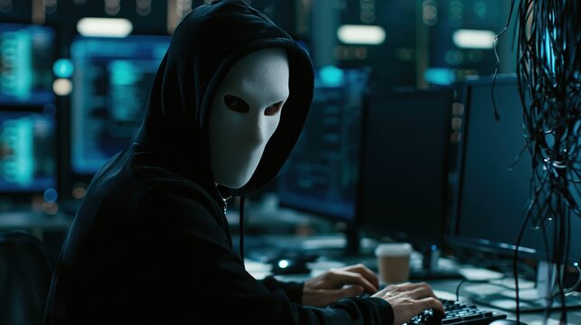 Hacker in a white mask typing on a computer in a dark office for cyber security