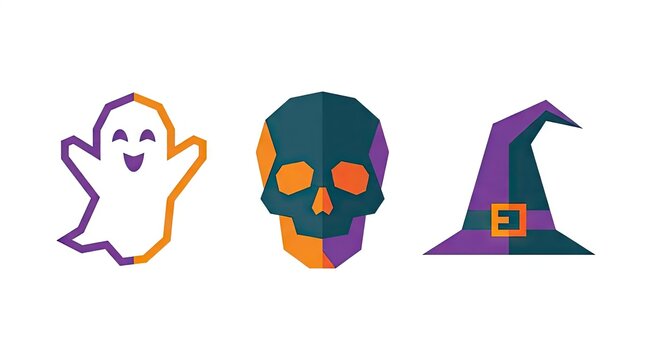 Minimalist geometric halloween ghost skull and witch hat