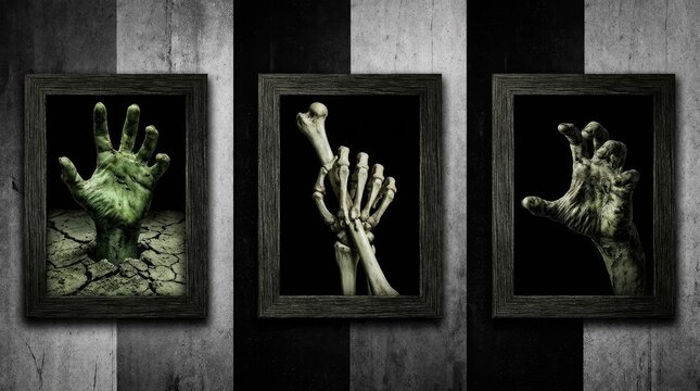 Spooky zombie hands and skeletal remains in frames
