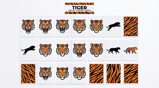 Tiger graphic asset set with heads and stripes.