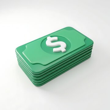 Stylized 3D render of a stack of green dollar bills on a clean white background.