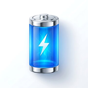 3D illustration of a blue battery with a glowing lightning bolt on a white background.