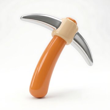 A stylized 3D rendering of a toy pickaxe with a shiny silver head and an orange handle.