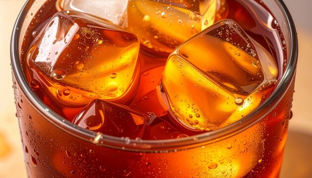 Close-up of a refreshing glass of cold iced tea with ice cubes and condensation drops. Perfect for summer drink concepts and thirst refreshment.