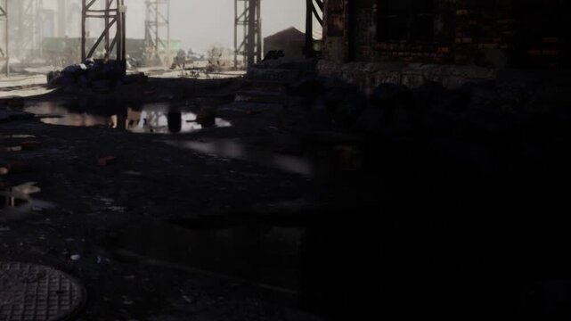 At a construction site, there are puddles of water on the ground. The surroundings show debris and buildings under construction. The area looks busy and active.