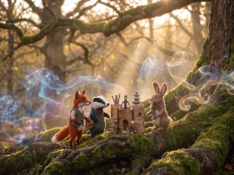 Felted woodland animals gathering around wooden castle in forest