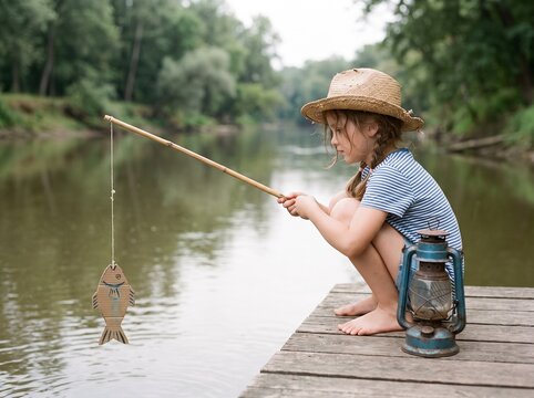 Little girl fishing cardboard toy on wooden dock by calm river