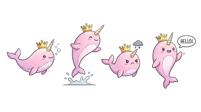 Pink narwhal unicorn character set with royalty crowns.