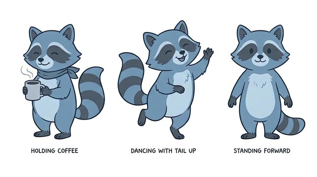 Three cute raccoon characters in various active poses.