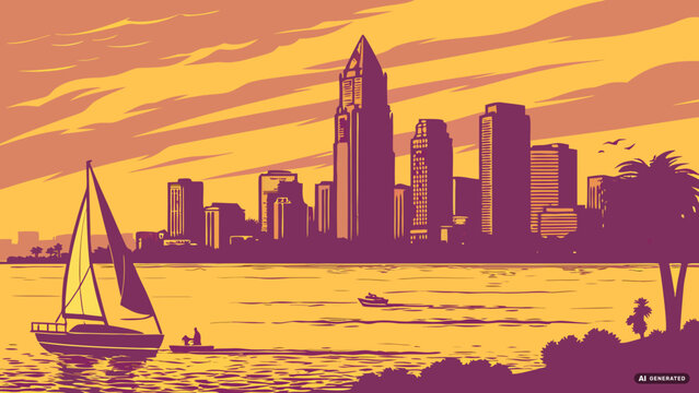 San diego skyline vector with sailboat at sunset
