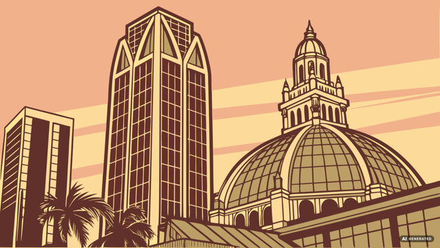 San diego skyline vector with modern skyscrapers and classic dome