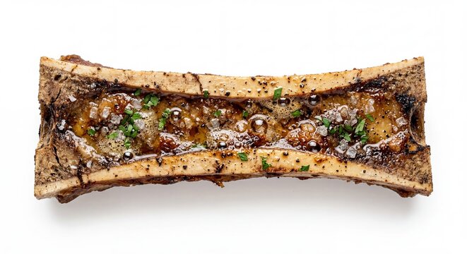 Roasted bone marrow served on plate. Gourmet appetizer with sea salt and fresh herbs. Delicious culinary delicacy for fine dining restaurant or luxury food menu concept.
