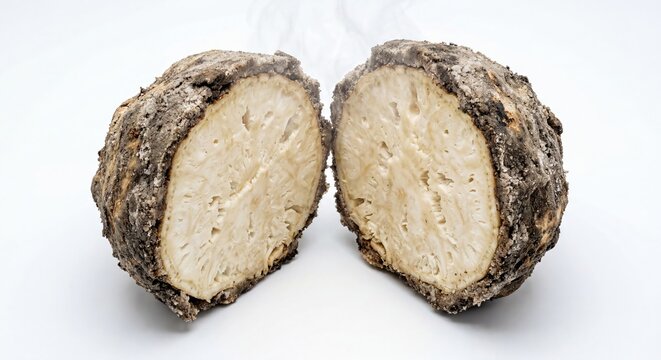 Celeriac root vegetable cut in half and baked in salt crust. Steaming hot vegetable preparation for healthy cooking. Raw celeriac for culinary magazine and gastronomy concept.