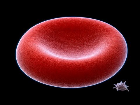 Extraordinary dark field macro of a single human red blood cell at 15,000x showing perfect biconcave disc geometry, central pallor, spectrin membrane texture, and luminous cold blue-white edge.