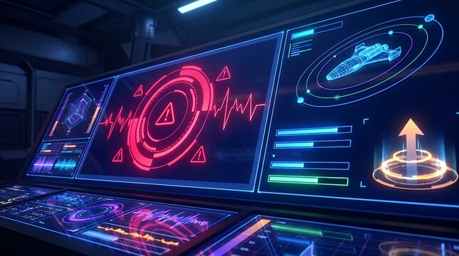 Futuristic cybersecurity interface displaying a bright crimson threat warning alert and a spacecraft ignition mission security monitoring concept cyber security technology digital threat alert rocket