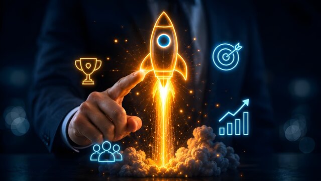 Conceptual business startup and growth strategy showing a hand launching a glowing neon rocket surrounded by success icons